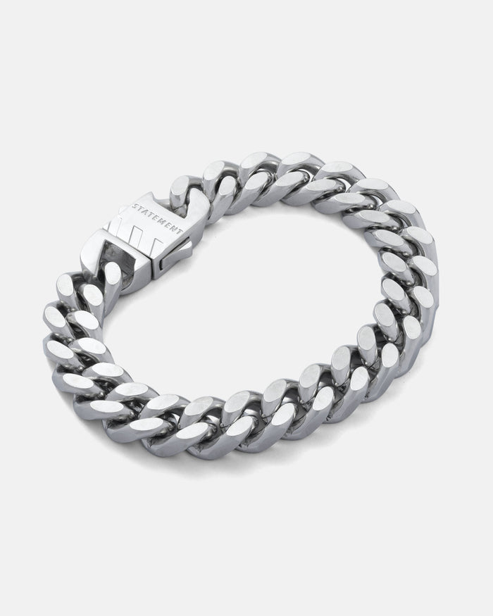 Silver 11mm Cuban bracelet by statement collective on grey background