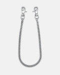 The 11mm Cuban Wallet Chain, made from silver-toned 316L stainless steel with thick curb links and clasp hooks on both ends, is displayed on a plain light gray background.