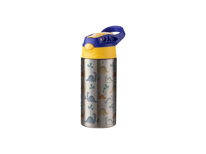 12oz/360ml Sublimation Blanks Kids Stainless Steel Bottle With Silicon Straw & Blue Cap(Silver)