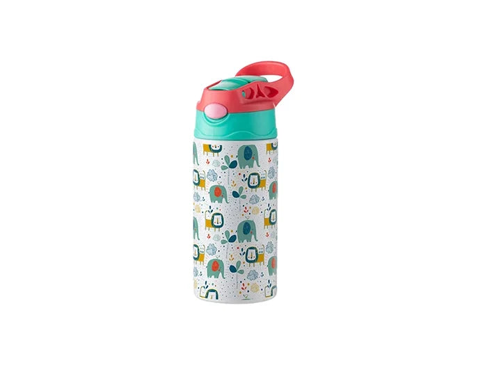 12oz/360ml Sublimation Blanks Kids Stainless Steel Bottle With Silicon Straw & Red Cap(White)
