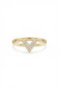 May include: A gold ring with a heart-shaped design. The heart is formed by small, sparkling diamonds set in a V-shape. The band is a smooth, polished gold. The ring is set against a white background.