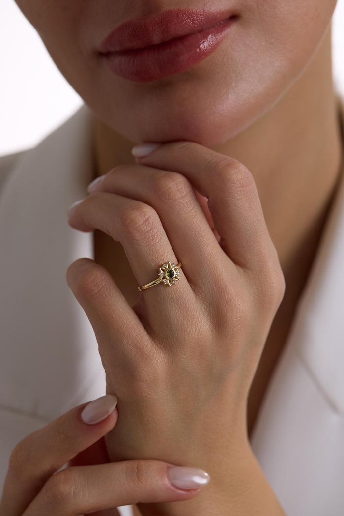 14K Gold Peridot Gemstone Sunburst Ring