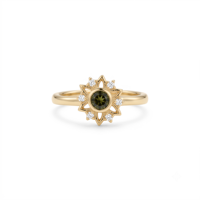 14K Gold Peridot Gemstone Sunburst Ring