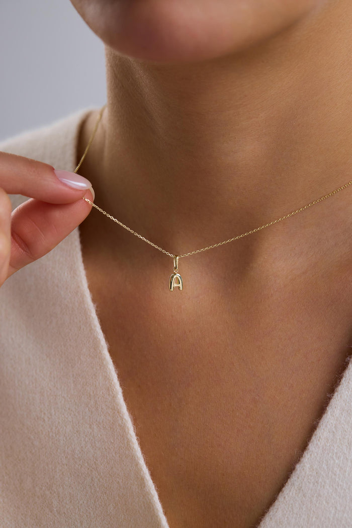 14K Gold Puffy 3D Bubble Initial Letter Pendant Necklace