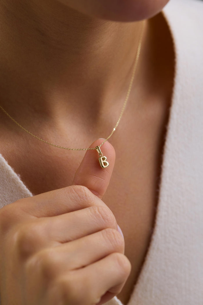14K Gold Puffy 3D Bubble Initial Letter Pendant Necklace