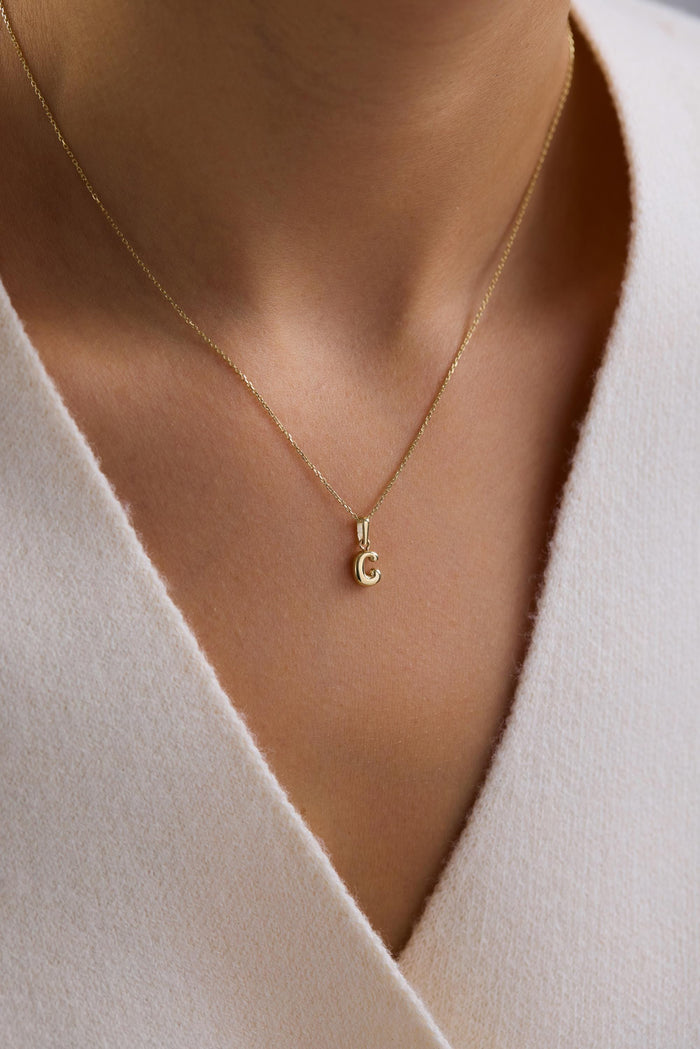 14K Gold Puffy 3D Bubble Initial Letter Pendant Necklace