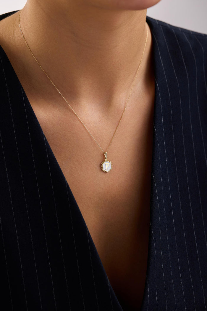 14K Gold White Enamel Hexagon Initial Pendant Necklace with Beaded Border