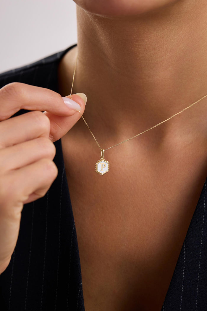 14K Gold White Enamel Hexagon Initial Pendant Necklace with Beaded Border
