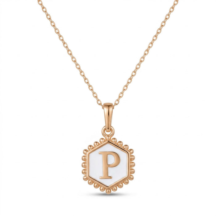 14K Gold White Enamel Hexagon Initial Pendant Necklace with Beaded Border