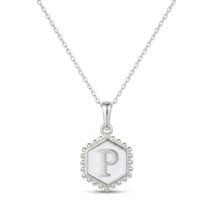 14K Gold White Enamel Hexagon Initial Pendant Necklace with Beaded Border