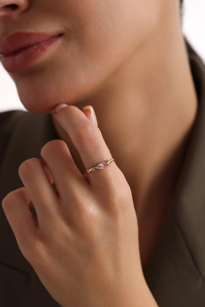 14K Solid Gold Pink Sapphire Fish Ring
