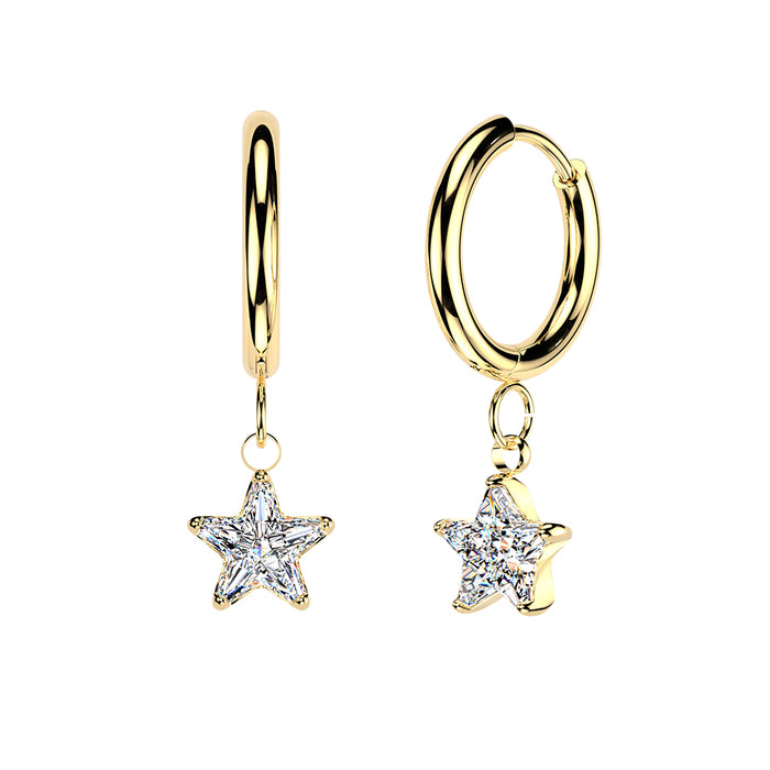 316L Pair of Huggie Hinged Hoop Earrings With Star CZ Dangles - Pic&Mix The Body Jewellery Shop