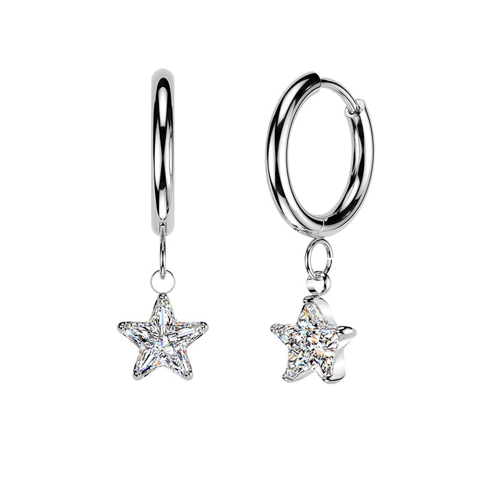 316L Pair of Huggie Hinged Hoop Earrings With Star CZ Dangles - Pic&Mix The Body Jewellery Shop