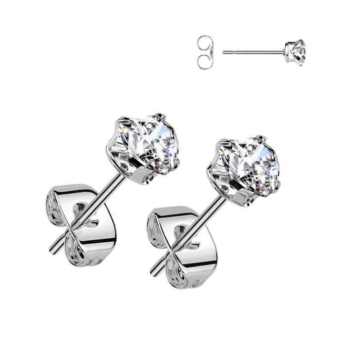 316L Surgical Steel Heart Cubic Zirconia Stud Earrings – Prong Set Hypoallergenic Piercing Jewellery - Pic&Mix The Body Jewellery Shop