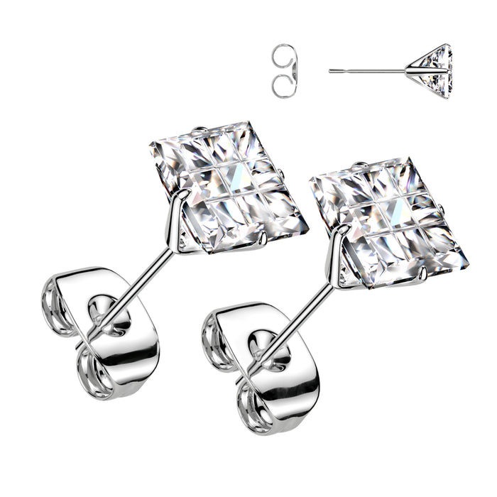 316L Surgical Steel Multi-Faceted Square Grid Gem Stud Earrings – Black, Gold Plate & HP Finish - Pic&Mix The Body Jewellery Shop