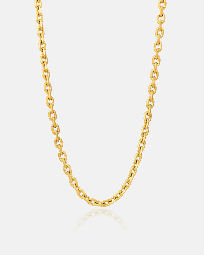 The 4.5mm Cable Chain (Gold) is an 18k gold plated necklace with oval, bevelled links and a polished, reflective finish, displayed against a plain white background.