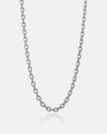 The 4.5mm Cable Chain, a stainless steel necklace with oval links and diamond-cut edges, is displayed on a plain white background. The beveled chain is centered, forming a gentle curve at the bottom.