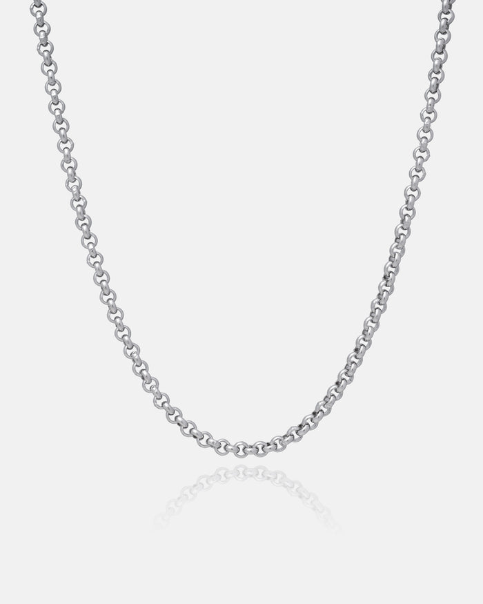 4mm rolo chain silver necklace on a light gray background