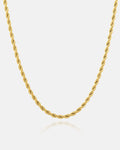 The 4mm Rope Chain (Gold) is displayed against a plain white background, emphasizing its twisted, textured design. This elegant necklace adds a touch of luxury to any outfit.