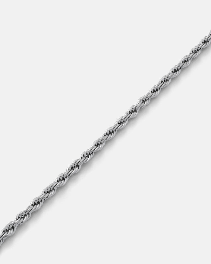 A close-up of the 4mm Rope Chain is displayed diagonally on a plain white background, showcasing this classic necklace.