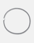 The 6mm Cuban Chain features a sleek, flat silver design with a clasp, shown in a circle on a light gray background. Crafted from stainless steel for lasting shine, this necklace offers durable style.