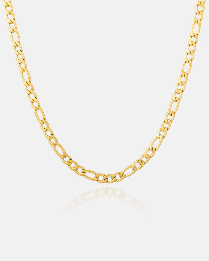 Figaro link chain necklace in gold on white background