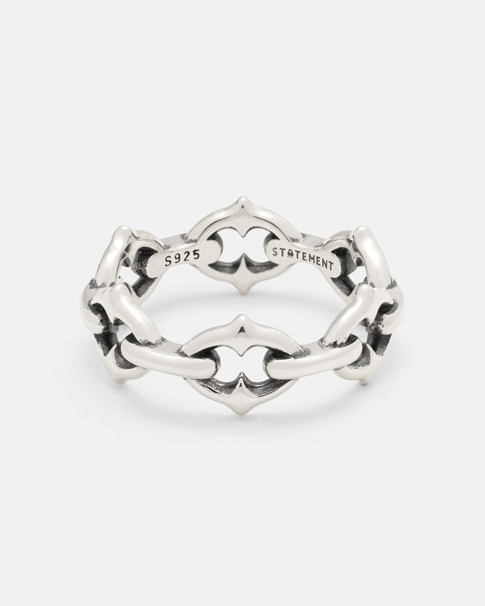 Introducing the 925 Sterling Silver “The Cathedral” Spiked Ring by Statement Collective—a polished statement piece featuring an interlocking, gothic-inspired chain link band with intricate spiked detailing. The inner band is engraved with S925 and STATEMENT, highlighting its premium craftsmanship.