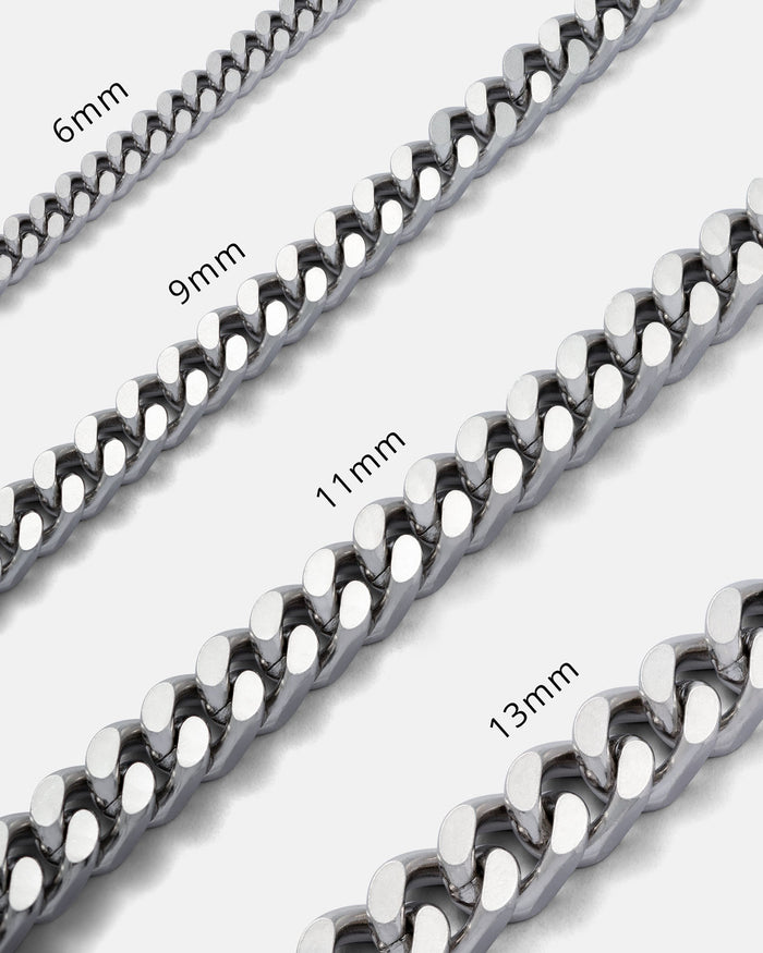The 11mm Cuban Chain by Statement Collective is shown alongside other silver cuban link bracelets of different widths, each displayed diagonally on a white background—ideal for making a bold punk style statement.