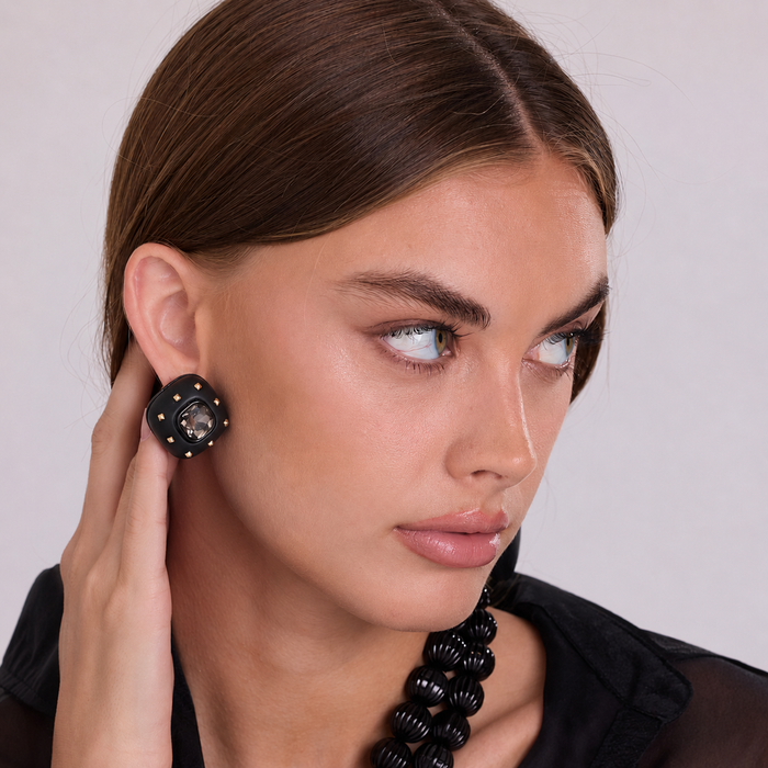 Abby Soft Square Matte Studded Black And Black Diamond Crystal Clip Earrings