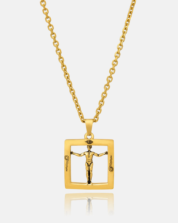 Agrippa’s Square Pendant (Gold) is an 18k gold-plated chain necklace featuring a man with outstretched arms inside a framed pendant, decorated with engraved designs, inspired by classic occult jewelry motifs.
