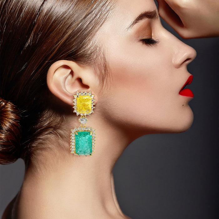 Ally Canary And Emerald Crystal Clip On Earrings In Gold Plated Brass