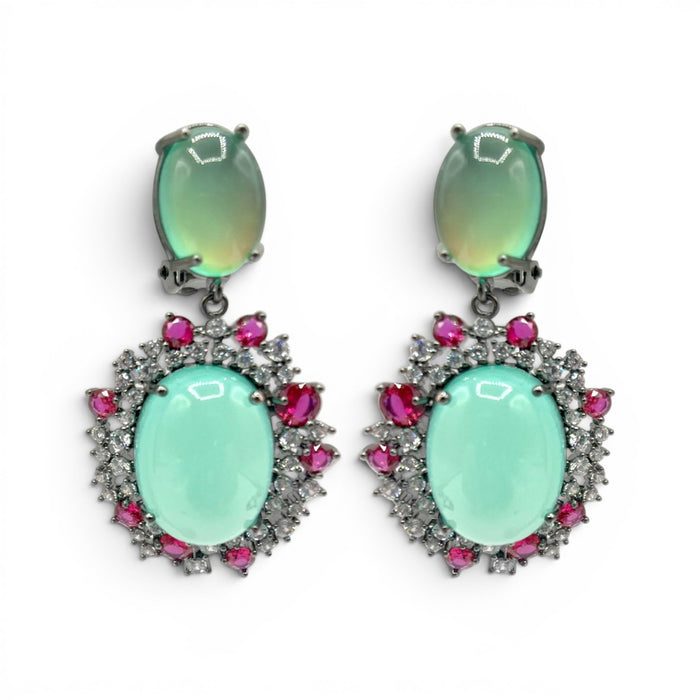 Amedea Black Rhodium Earrings With Green Opal Glass, Pink Ruby, And Clear Crystal