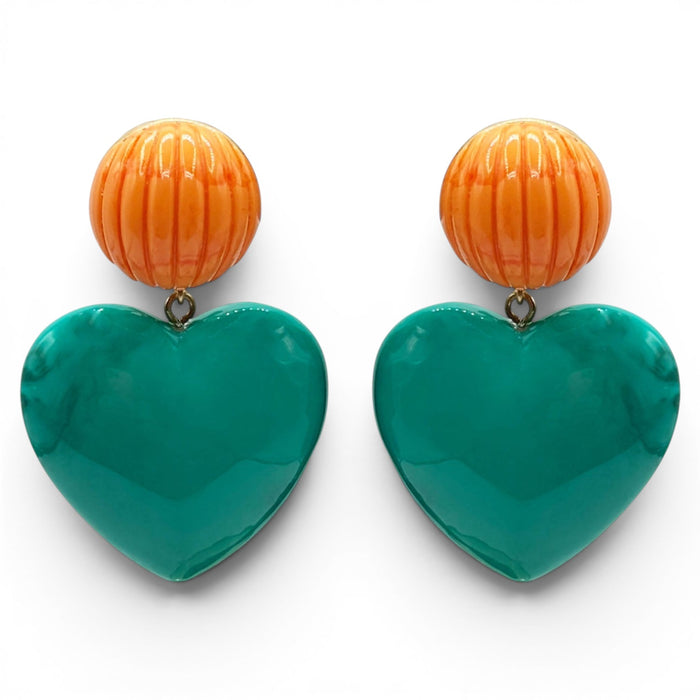 Amour Carved Coral Resin With Jade Resin Heart Drop Earrings