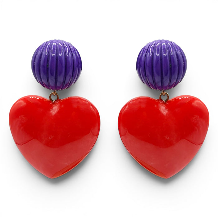Amour Carved Purple Resin With Ruby Red Resin Heart Drop Earrings