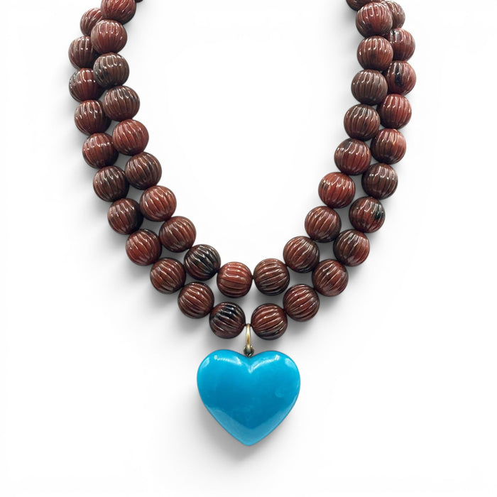 Amour Carved Tortoise Resin Bead Necklace With Turquoise Resin Heart Pendant