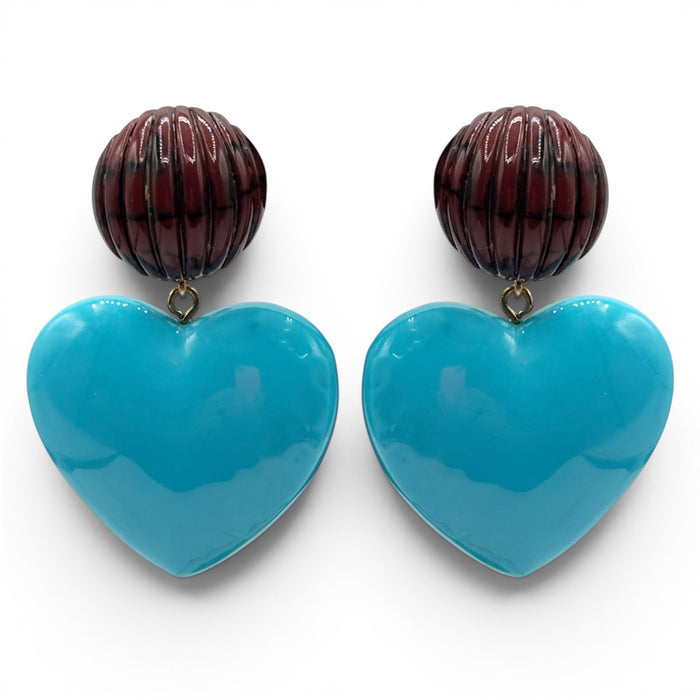 Amour Carved Tortoise Resin With Turquoise Heart Drop Earrings