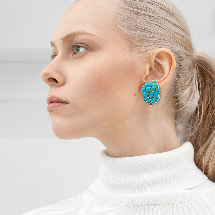 Aruna Multi Stone Glass Turquoise Clip On Earrings In Gold Plating