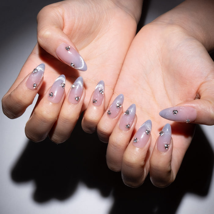 Blue and Pink Rhinestone Medium Almond Nails