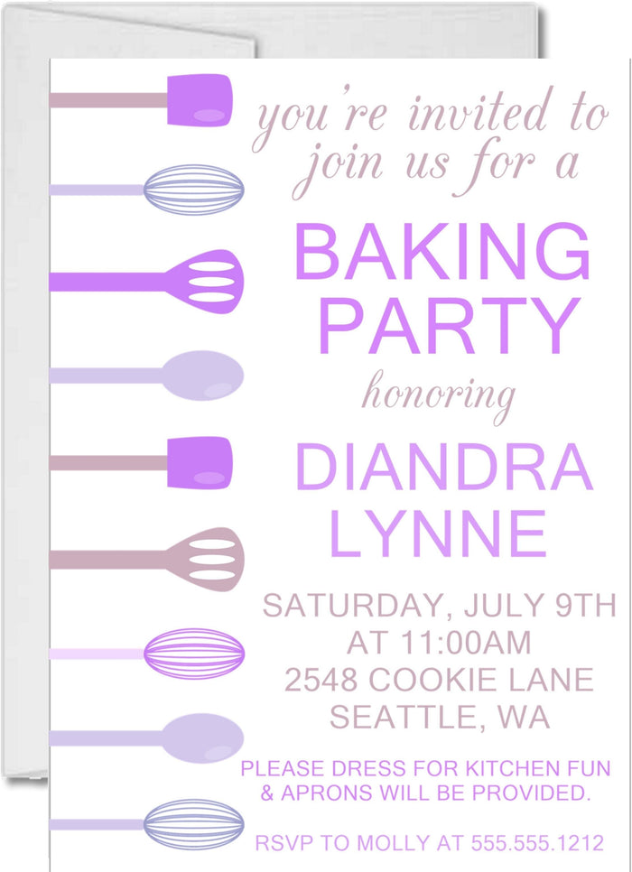 purple baking party birthday invitations colorful baking utensil design