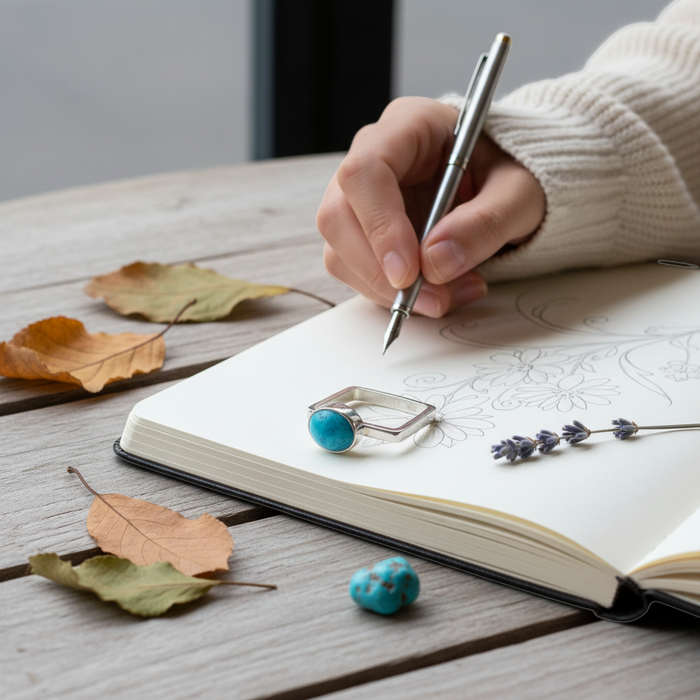 Wildflower Artisans BALAAM square sterling silver ring with a turquoise cabochon resting on a sketchbook