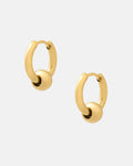 Ball Hoop Earrings (Gold), featuring 18k gold plating and a small gold sphere on each hoop, are hypoallergenic—ideal for sensitive ears. Shown against a plain white background.