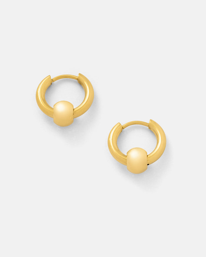 Ball Hoop Earrings (Gold): 18k gold-plated hoops with a smooth, rounded shape and a solid central ball accent, shown against a plain light background.