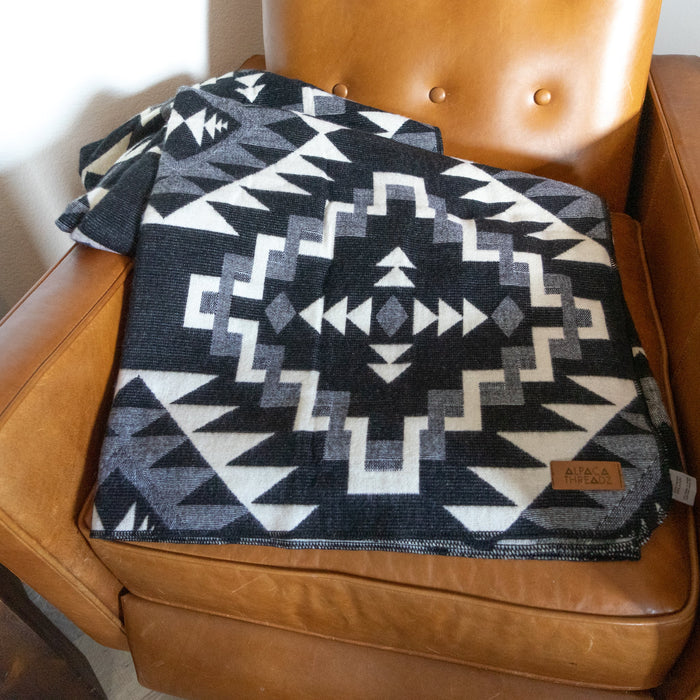 Black and cream chakana cross alpaca blanket, view 8