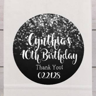 Black and silver bokeh birthday sticker with personalized name