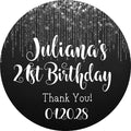 Modern black party favor label with silver drip details