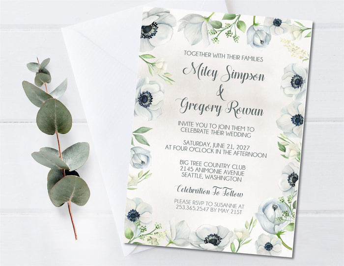 Watercolor anemone flower wedding invitation available in two coordinating floral styles