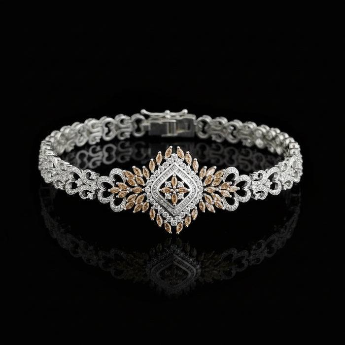 Jewelry necklace with intricate design on a dark background, featuring the brand 'Saheli'.