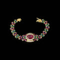 Colorful gemstone bracelet with gold accents on a dark background, featuring the brand 'Saheli'.