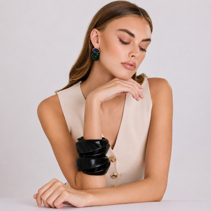 Brigite Polished Black Resin Carved Bangle