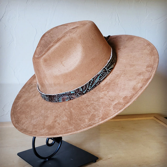 Brown and turquoise floral embossed leather hat band